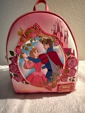 Loungefly Sleeping Beauty Aurora Prince Phillip Pink Mini Backpack Floral Castle